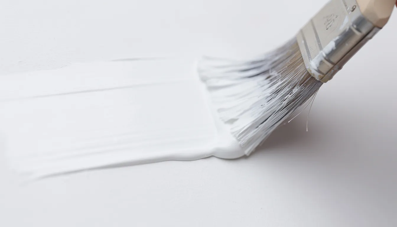 Nærbillede af en pensel, der påfører hvid maling på en glat væg, hvilket viser det flotte og professionelle resultat med perfekt finish. Maleren bruger kvalitetsmaterialer for at sikre et holdbart resultat, ideelt til indvendig maling i København.