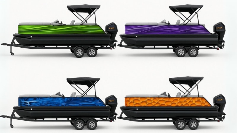 Pontoon boats wrapped in different gradient vinyl film