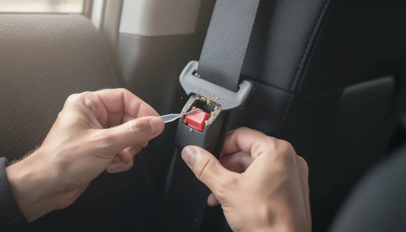 A pair of hands is using a small tool to carefully clean debris from a car seat belt buckle, ensuring the locking mechanism functions properly for passenger safety. This maintenance helps prevent seat belt issues and ensures the seat belt is working correctly to avoid serious injury in case of an accident.