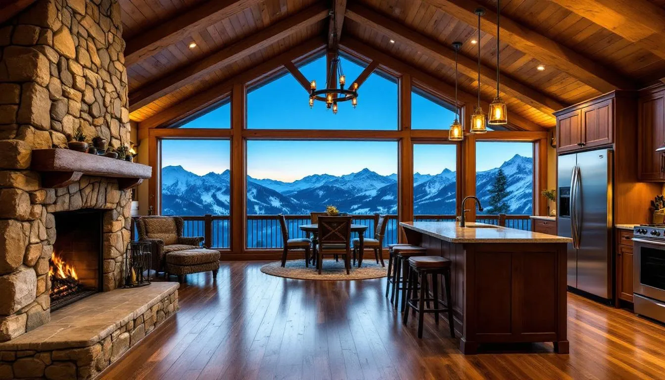 The image depicts a cozy lodge suite interior featuring a warm stone fireplace, a fully equipped kitchen, and large windows that offer stunning mountain views, perfect for guests staying at the Cedar Breaks Lodge in Brian Head, Utah. The inviting atmosphere is ideal for relaxation after a day of skiing at the nearby Brian Head Resort.