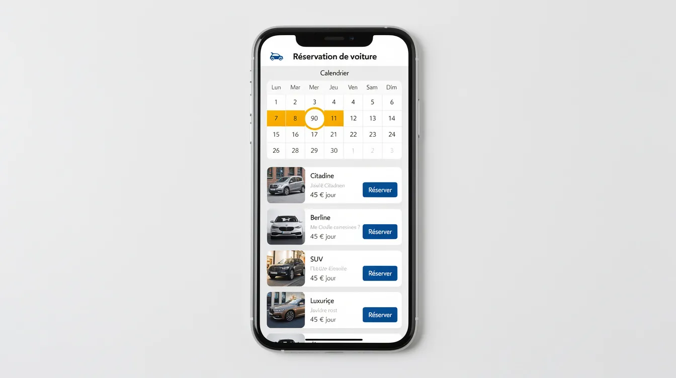 L'image montre un écran de smartphone affichant une application de réservation de voiture, avec une liste de véhicules disponibles et un calendrier pour la gestion des réservations. Cette interface intuitive permet aux utilisateurs de planifier facilement la location de véhicules et de consulter les détails de chaque voiture.