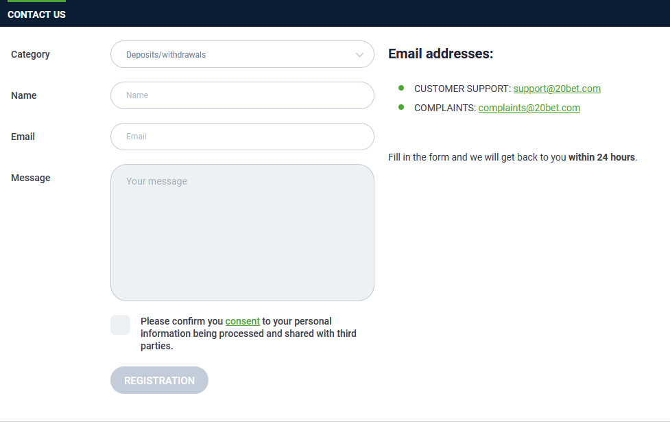Customer support at 20Bet online casino: live chat, the email form