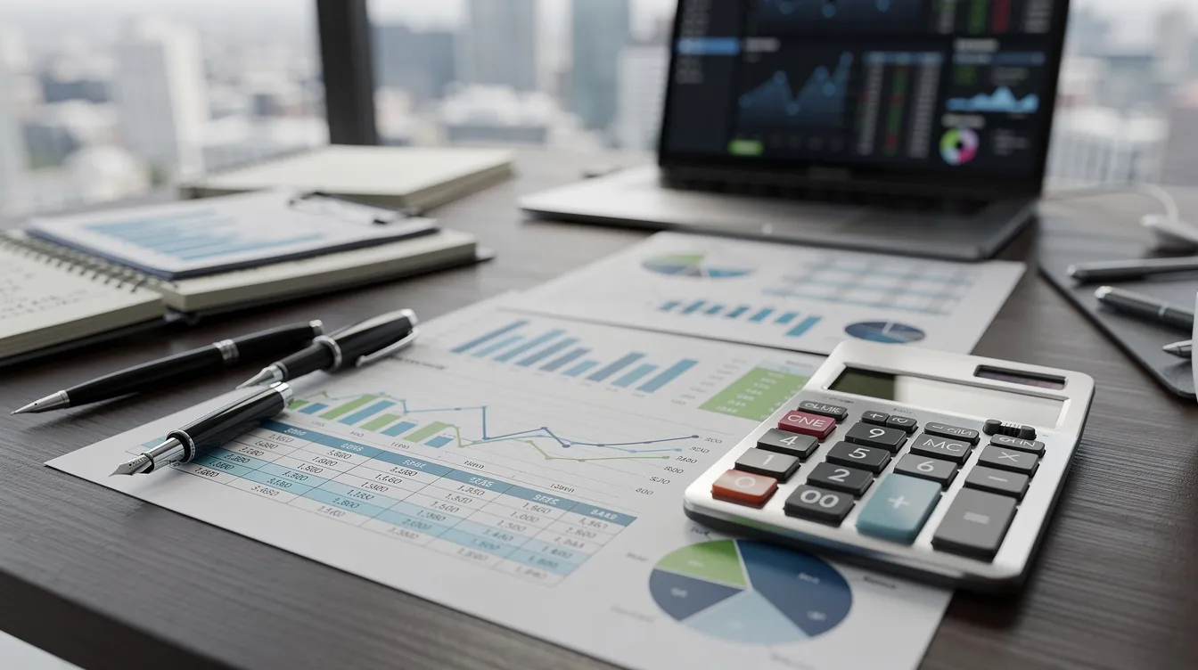 The image depicts a professional desk cluttered with financial analysis documents featuring various charts, alongside a calculator, highlighting the key parameters and project financials related to the ghee manufacturing industry. This setup suggests a focus on market research and investment opportunities in the ghee manufacturing business.