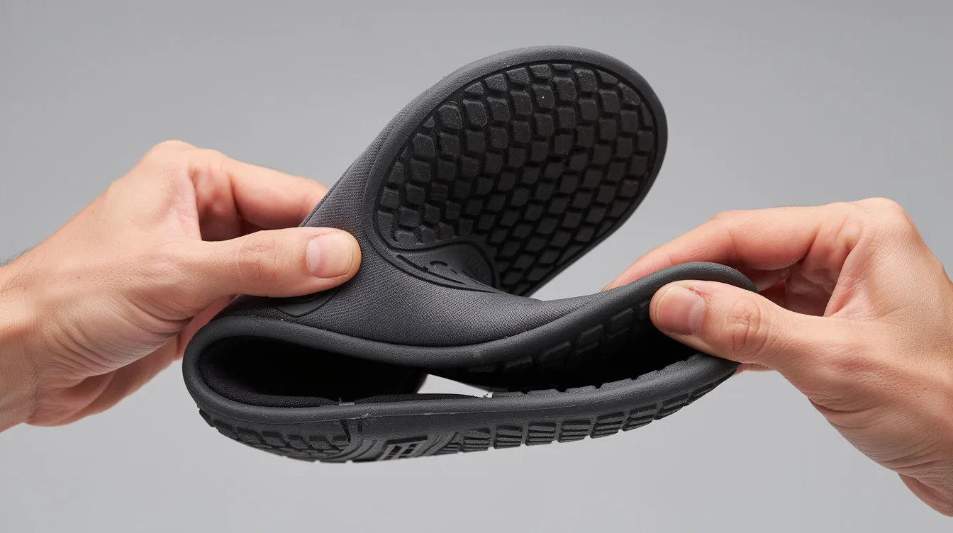 A close-up image shows a person bending a thin-soled barefoot water shoe with their hands, demonstrating its extreme flexibility and lightweight design, ideal for water adventures and keeping feet safe during activities like swimming or hiking. The shoe's soft sole and good grip make it a suitable choice for summer fun on trails or rivers.