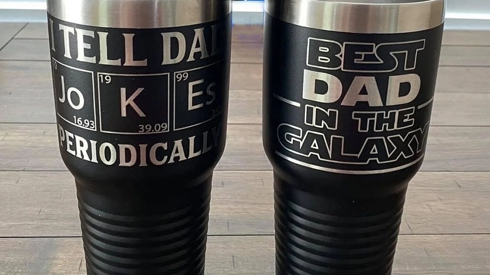 custom engraved tumblers with text about dad jokes by Alexa Beichler