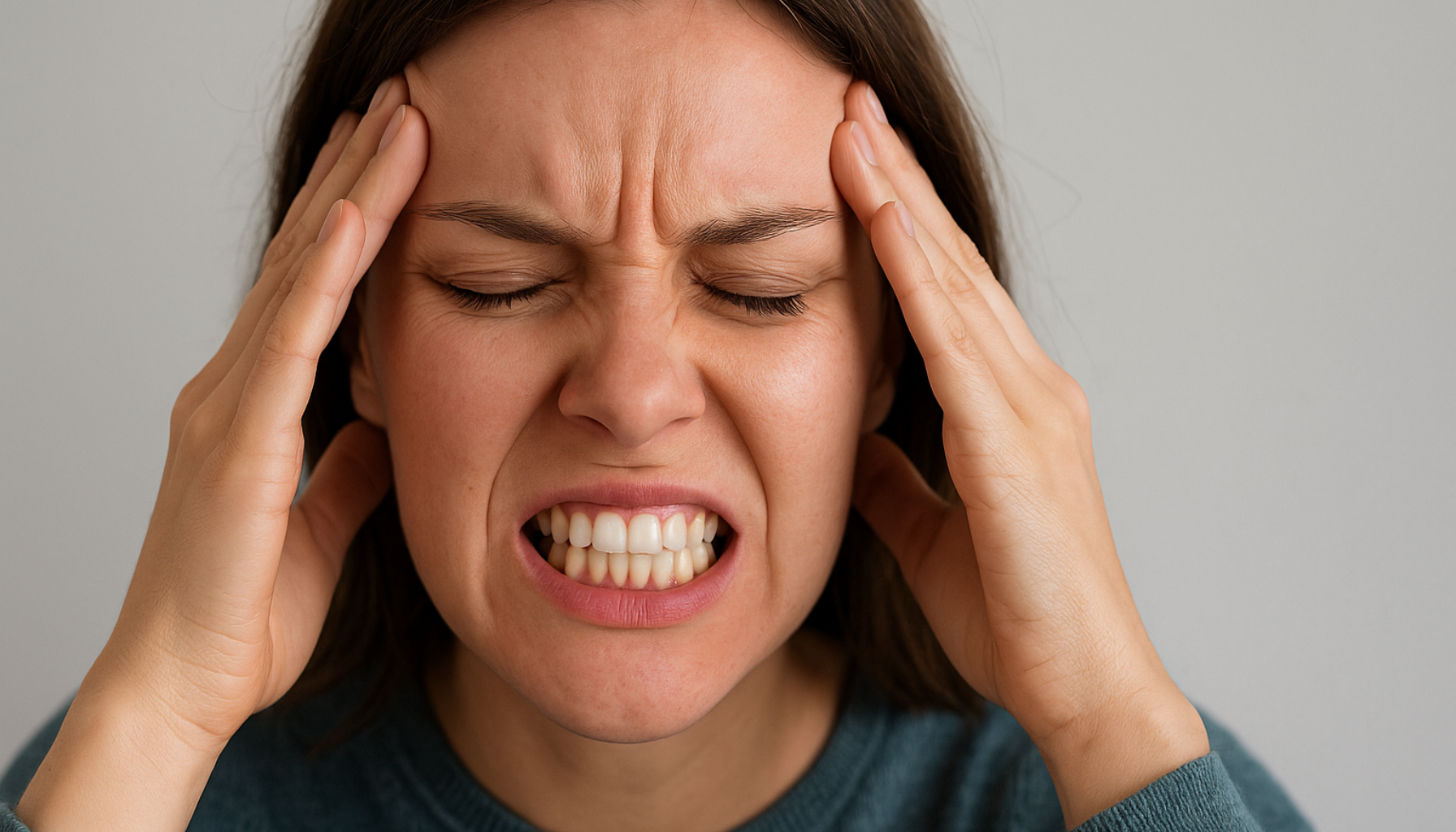 "Kvinne med stresset uttrykk holder hodet mens hun skjærer tenner, symbol på kortisol og munnhelse."