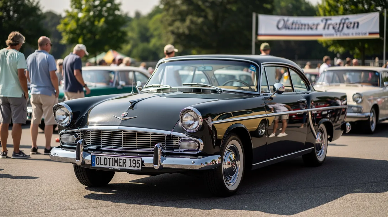 Ein klassischer Oldtimer mit glänzendem Lack steht stolz auf einem Fahrzeugtreffen, umgeben von anderen Autos und interessierten Zuschauern. Diese Veranstaltung bietet eine hervorragende Gelegenheit für Kfz Sachverständige in Düsseldorf, wie Auto Experts Tassone, wertvolle Einblicke in die Fahrzeugtechnik und Oldtimergutachten zu gewinnen.
