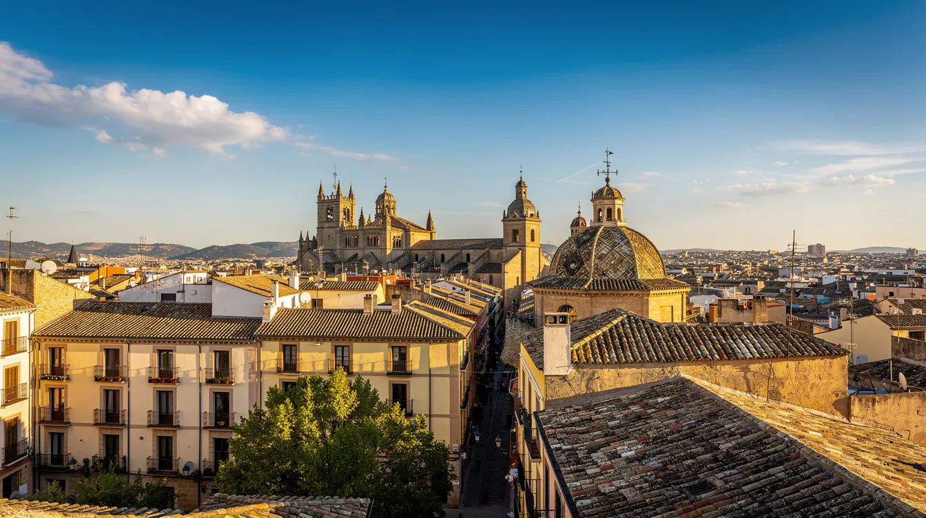 A panoramic view of a Spanish city skyline showcases historic architecture against a clear blue sky, highlighting the beauty of urban life in Spain. This image captures the essence of cities like Madrid, Barcelona, and Sevilla, inviting viewers to appreciate the rich cultural heritage of the country.