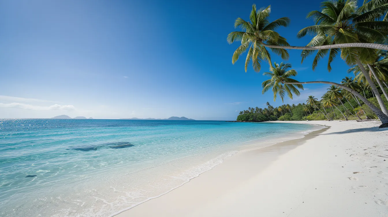 The image depicts a serene tropical beach landscape featuring clear blue waters gently lapping at the shore, surrounded by lush palm trees swaying in the breeze. This idyllic scene captures the essence of relaxation and beauty in nature.