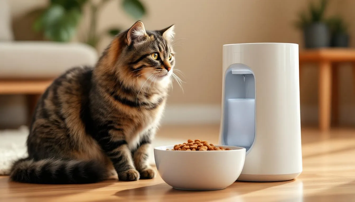 Een kat eet rustig uit een keramische voerbak terwijl er een waterfontein naast staat. Deze katten benodigdheden zorgen voor een prettige eet- en drinkomgeving voor jouw huisdier.
