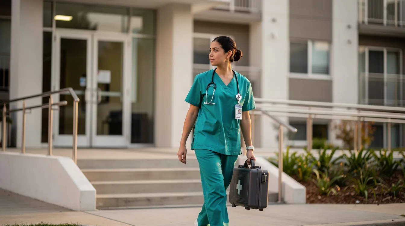 A medical professional in scrubs is walking towards the entrance of a modern residential apartment building, carrying a portable medical kit, ready to provide reliable medical care through doctor on call services in Dubai Marina. This scene reflects the accessibility of professional medical care and home doctor services for urgent health needs.