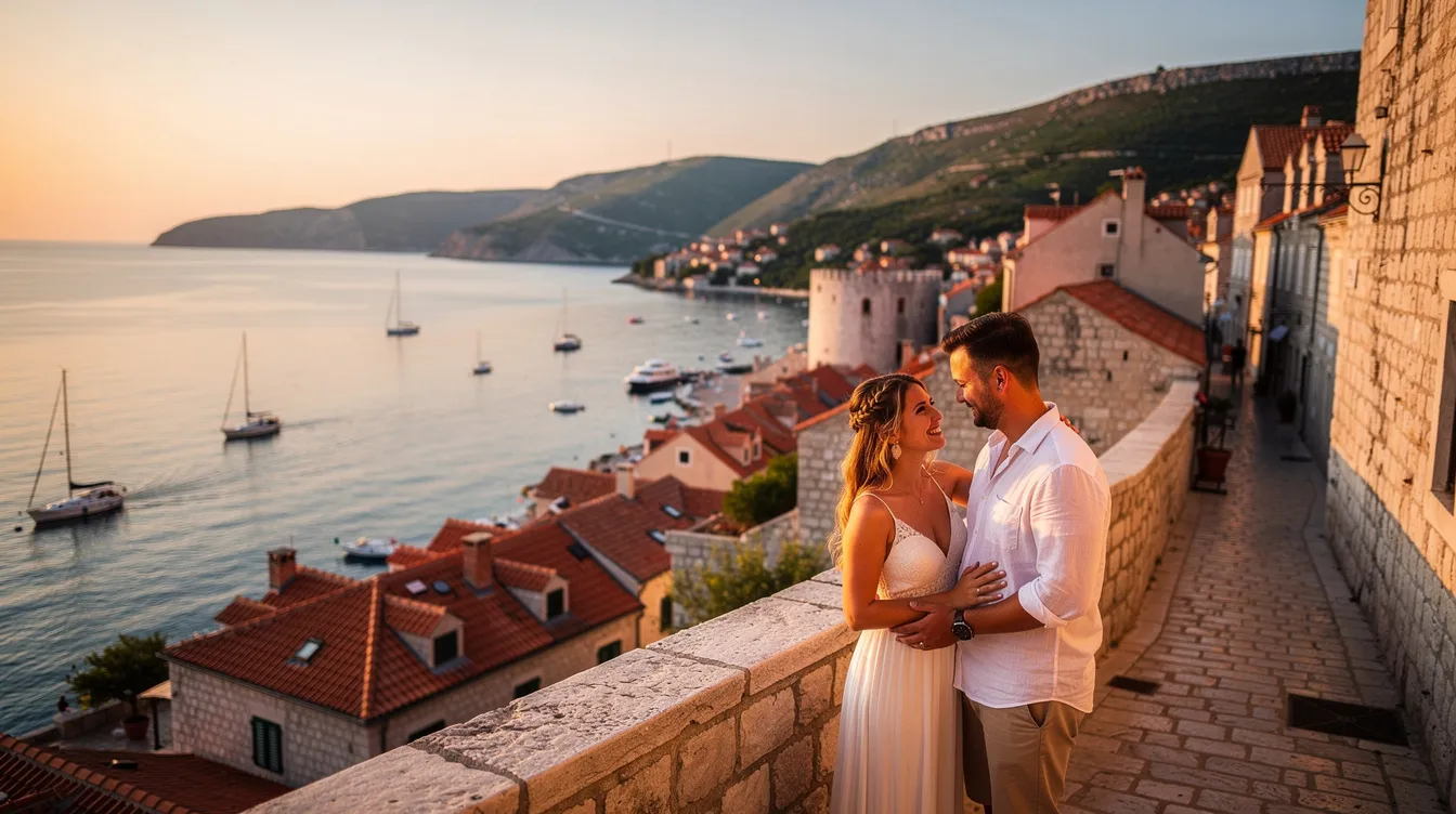 A imagem retrata um casal em lua de mel na Croácia, cercado por paisagens deslumbrantes da cidade de Dubrovnik, com suas históricas muralhas e o mar azul ao fundo. O ambiente romântico e acolhedor destaca a cultura croata, ideal para estadias memoráveis.