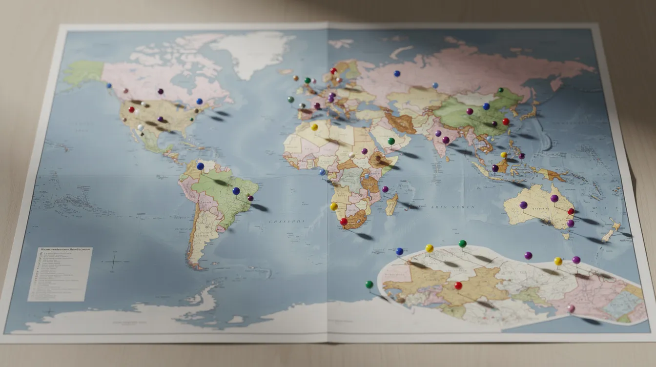 The image features a world map adorned with colorful pins marking various countries in Europe, North America, the Middle East, and Southeast Asia, highlighting potential destinations for skilled workers and digital nomads seeking permanent residency or long-term settlement options. This visual representation emphasizes the diverse visa options and job opportunities available in these attractive countries for individuals considering life abroad.