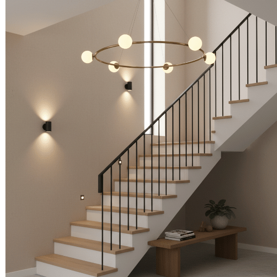 A sleek circular chandelier with globe lights hangs above a modern wooden staircase, creating a clean and contemporary focal point. Soft wall sconces and minimalist décor enhance the warm glow, making this a stylish example of small staircase lighting ideas.
