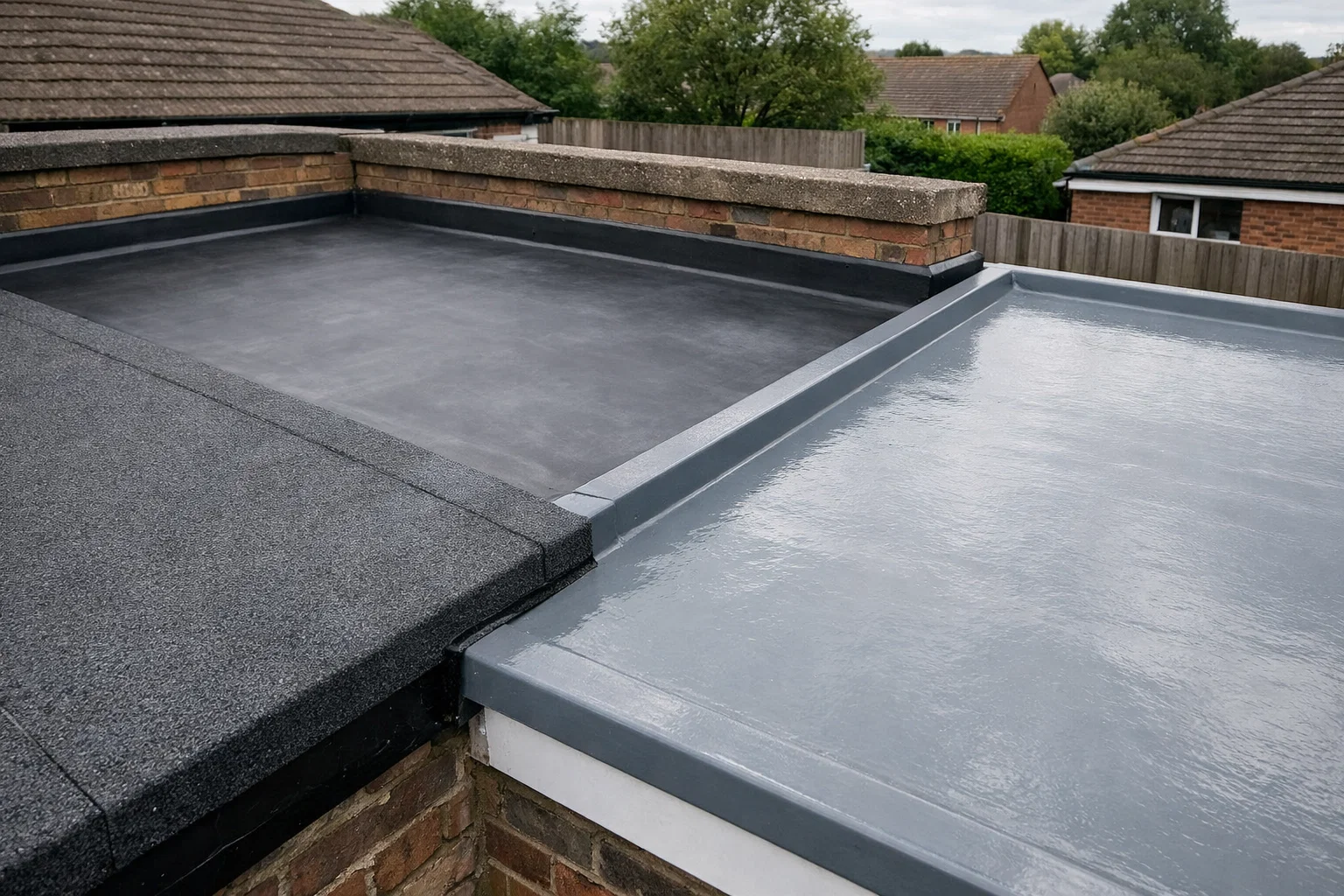 Different flat roofing materials including felt, EPDM rubber and fibreglass installed on UK buildings.