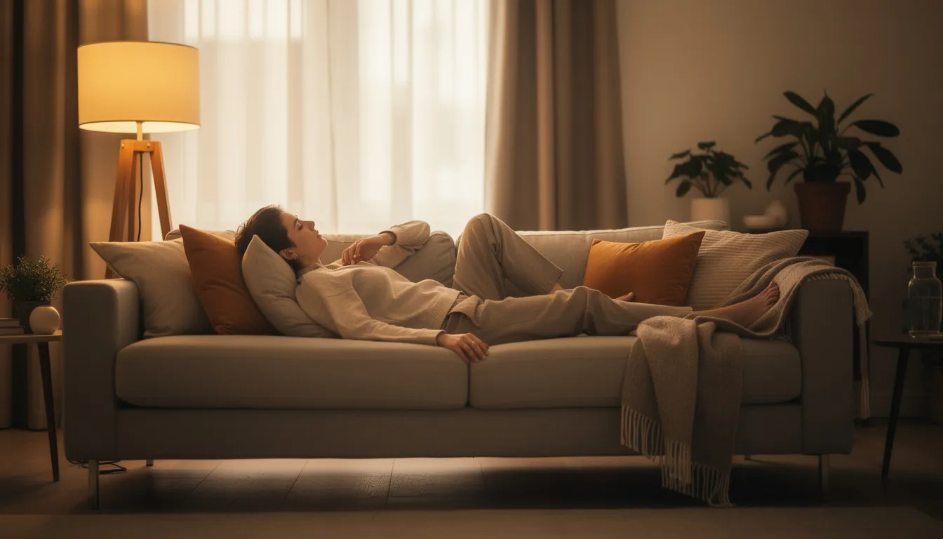 Eine Person sitzt entspannt auf einem Sofa, umgeben von warmem Licht, das eine gemütliche Atmosphäre schafft. Der Ausdruck auf ihrem Gesicht vermittelt Ruhe und Zufriedenheit, während sie in einem Moment der Entspannung verweilt.