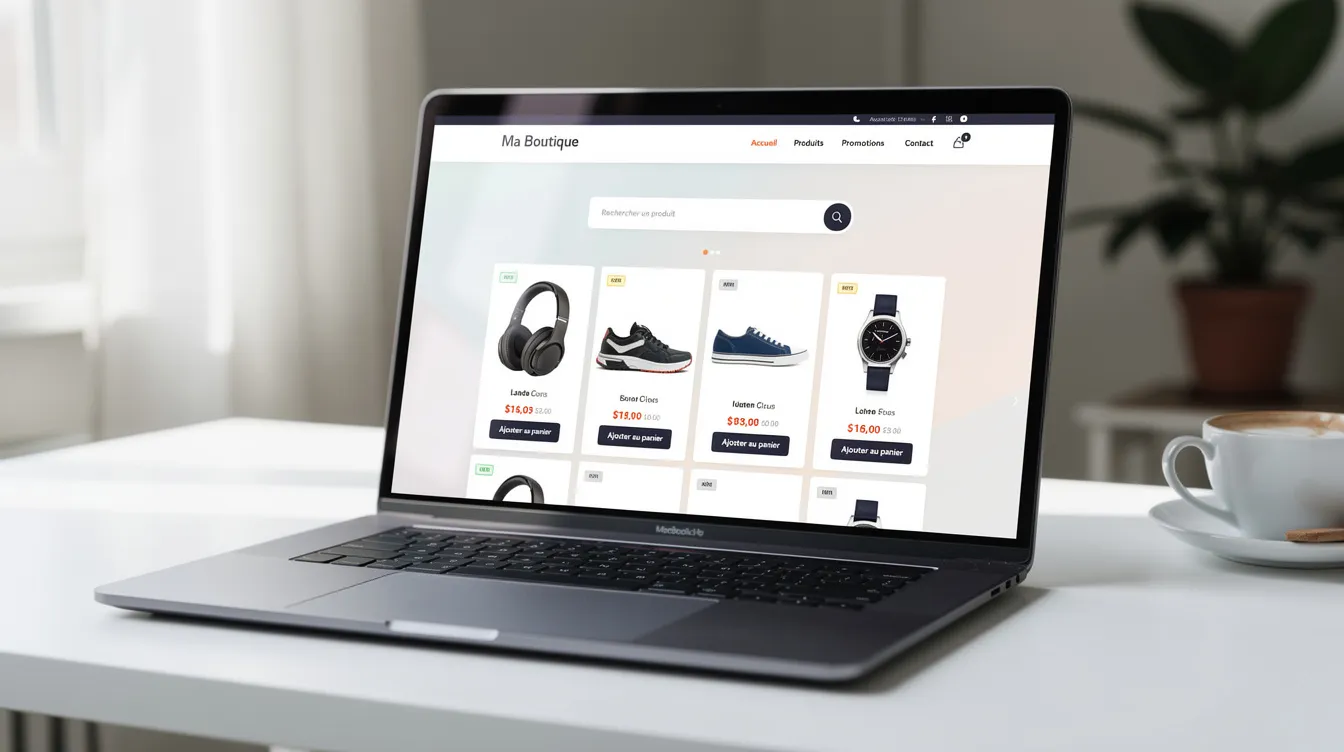 Un ordinateur portable affiche une boutique en ligne avec plusieurs produits.