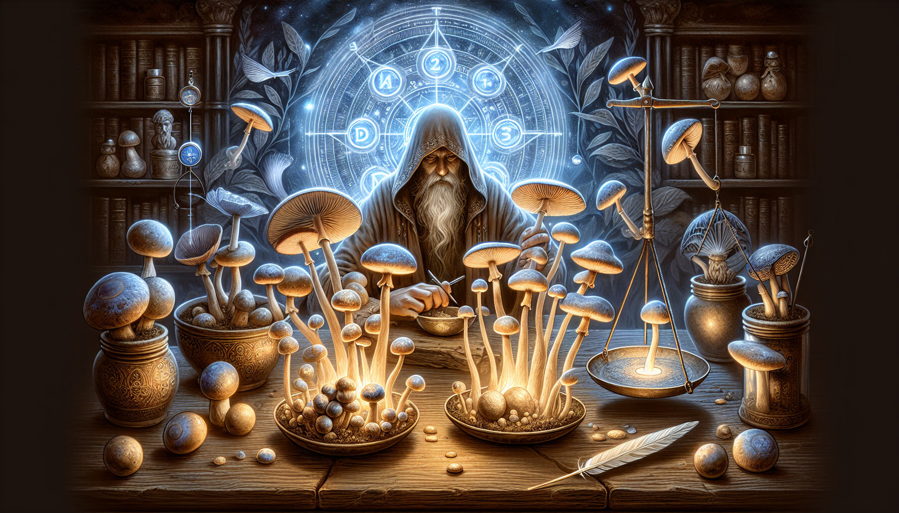 Artistic representation of selecting magic mushroom strains for therapy