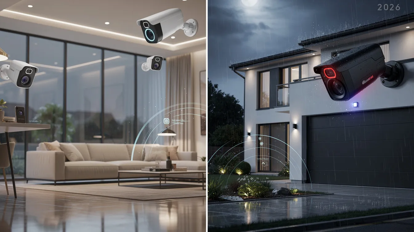Comparison of indoor and outdoor AI security cameras, illustrating their key differences.
