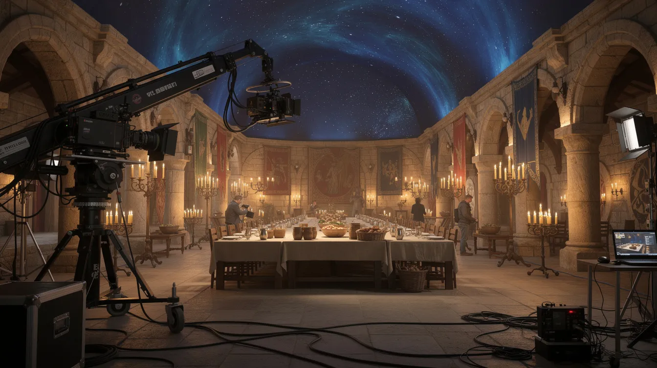 Das Bild zeigt einen Blick hinter die Kulissen eines Filmsets mit einem großen Kamerakran, der in einer aufwendig dekorierten mittelalterlichen Halle platziert ist. Die Halle ist mit langen Tischen, Kerzenleuchtern und einem eindrucksvollen Sternenhimmel-Deckeneffekt ausgestattet, was an die magische Welt von Harry Potter erinnert.