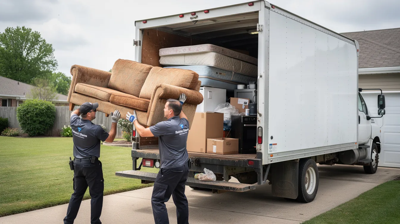 A professional junk removal crew is seen loading large furniture and unwanted items into a truck, demonstrating their reliable service for estate cleanout services. The team handles all the heavy lifting in a timely manner, ensuring responsible disposal and prioritizing recycling of usable items.