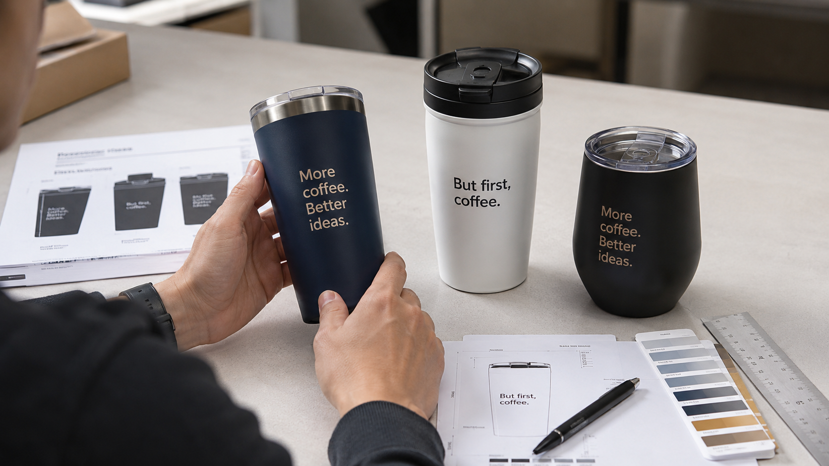 Designer checking coffee quote placement on custom tumbler samples