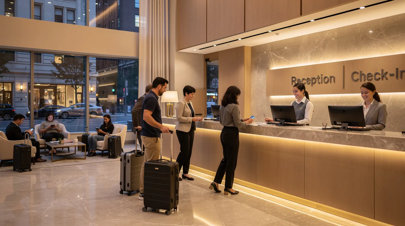 The image depicts a bustling hotel lobby where travelers are checking in at the front desk, surrounded by elegant decor and comfortable seating. Guests may inquire about the hotel's loyalty programs, which offer rewards points for stays, exclusive discounts, and personalized benefits for loyal members.