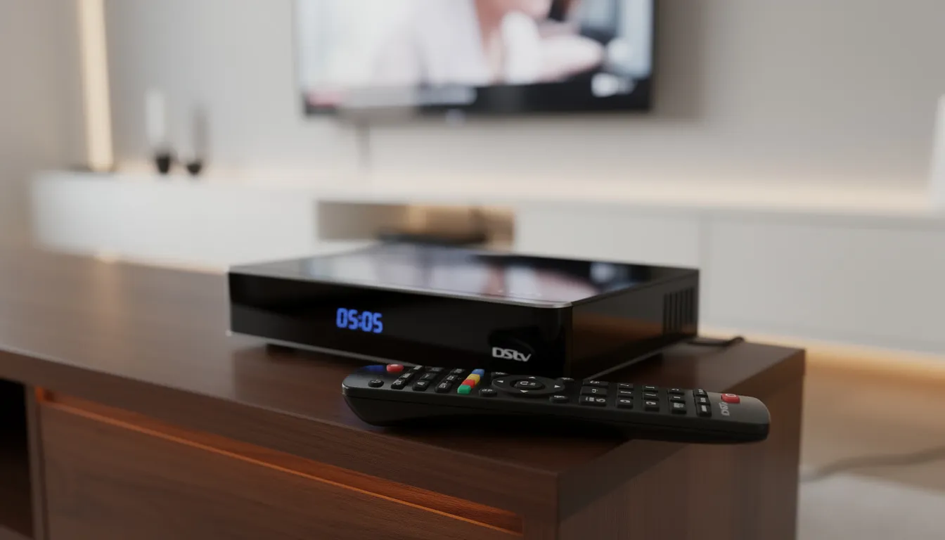 The image features a DStv decoder and its remote control placed on an entertainment unit, showcasing a setup ready for enjoying favorite shows. This setup is ideal for those seeking professional DStv installation services, ensuring a reliable home entertainment experience.