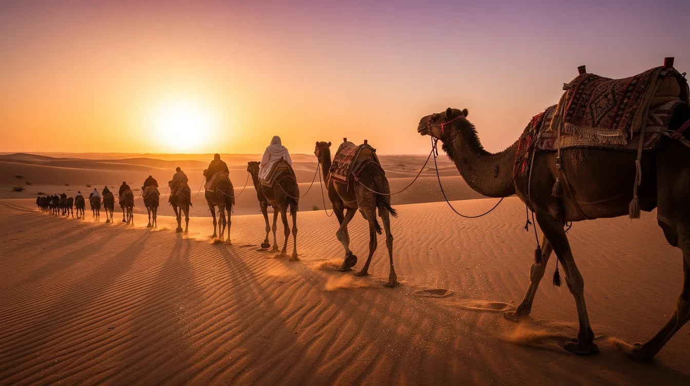 A camel caravan traverses the golden dunes of the vast Sahara Desert at sunset, creating a picturesque scene perfect for solo travelers seeking adventure. The silhouettes of camels against the vibrant sky evoke the spirit of Morocco, inviting exploration and unique experiences in this beautiful landscape.