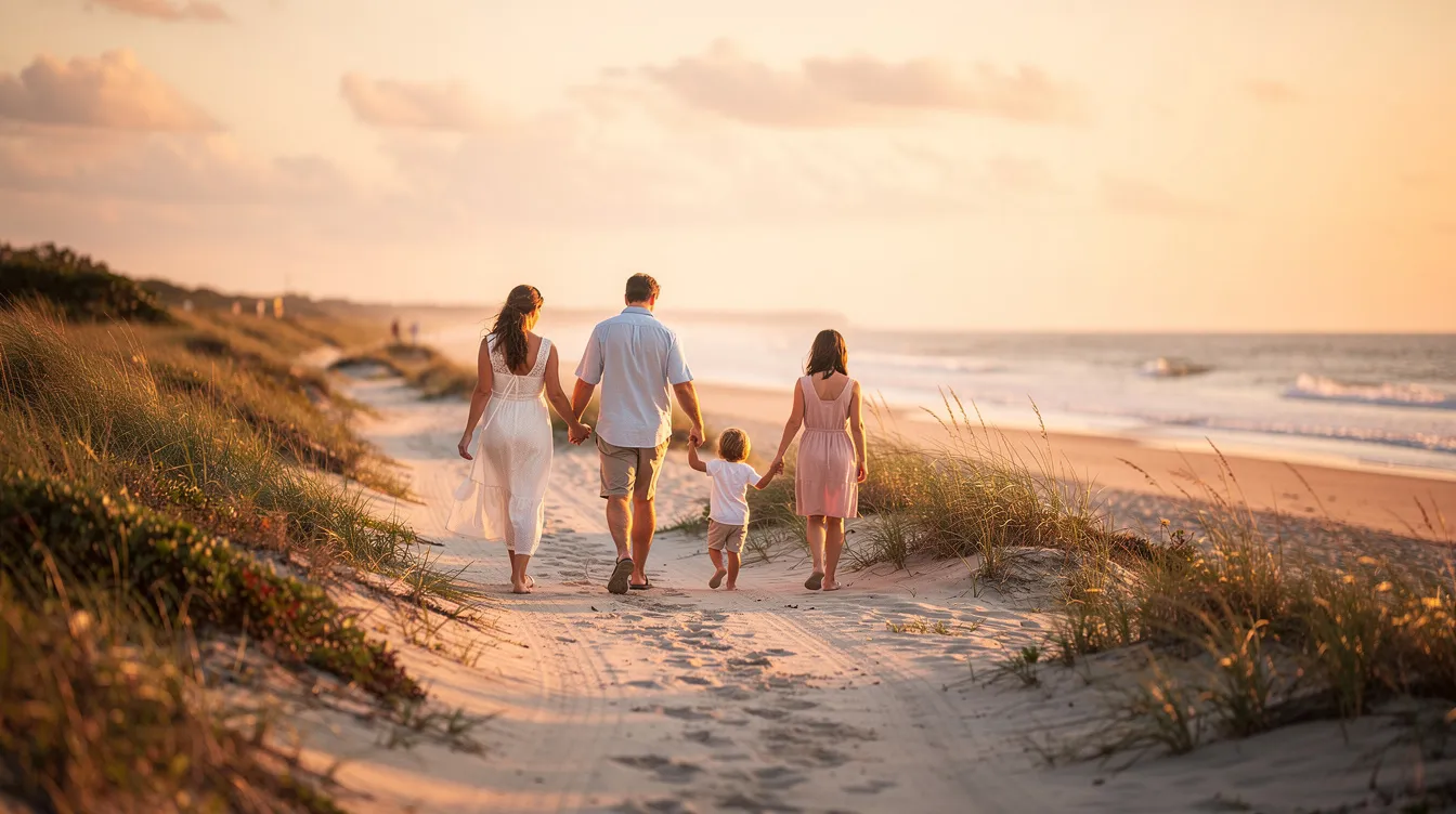 A family of four, including two adults and two children, strolls hand in hand along a serene beach path, surrounded by soft sand and gentle waves. This peaceful scene highlights the importance of family support in managing mental health concerns and encourages families to seek treatment options and resources for loved ones facing emotional distress.