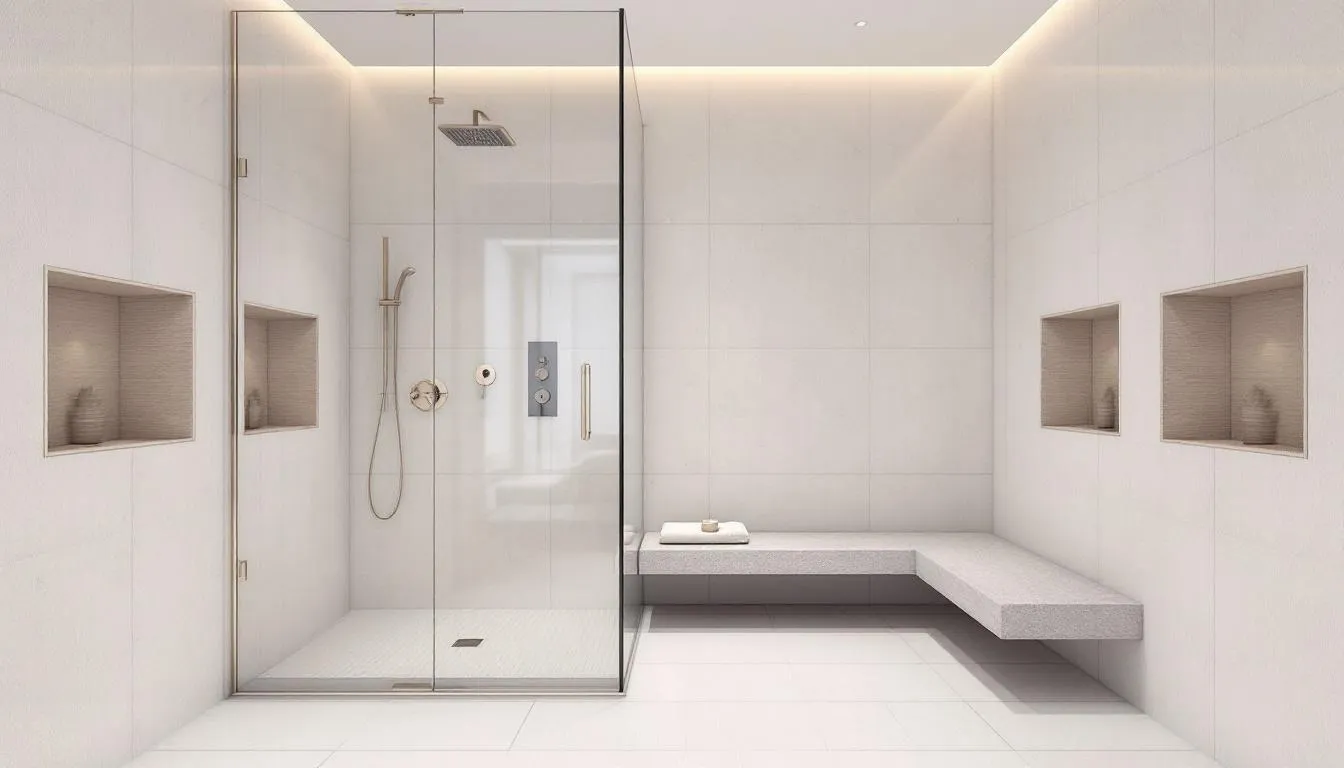 In this luxurious shower remodel, a built-in bench complements the elegant design, while multiple storage niches provide ample space for toiletries. The shower features white subway tiles and allows natural light to enhance the overall atmosphere, creating a cohesive and modern bathroom space.