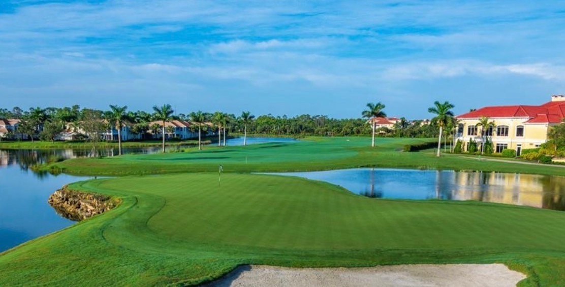 The image depicts the Arnold Palmer signature golf course, showcasing its rolling fairways, strategic water hazards, and scenic preserve areas, all set within the beautiful Naples Lakes Country Club community. This picturesque landscape is designed for golf enthusiasts to enjoy bundled golf membership while experiencing the natural beauty of the surroundings.