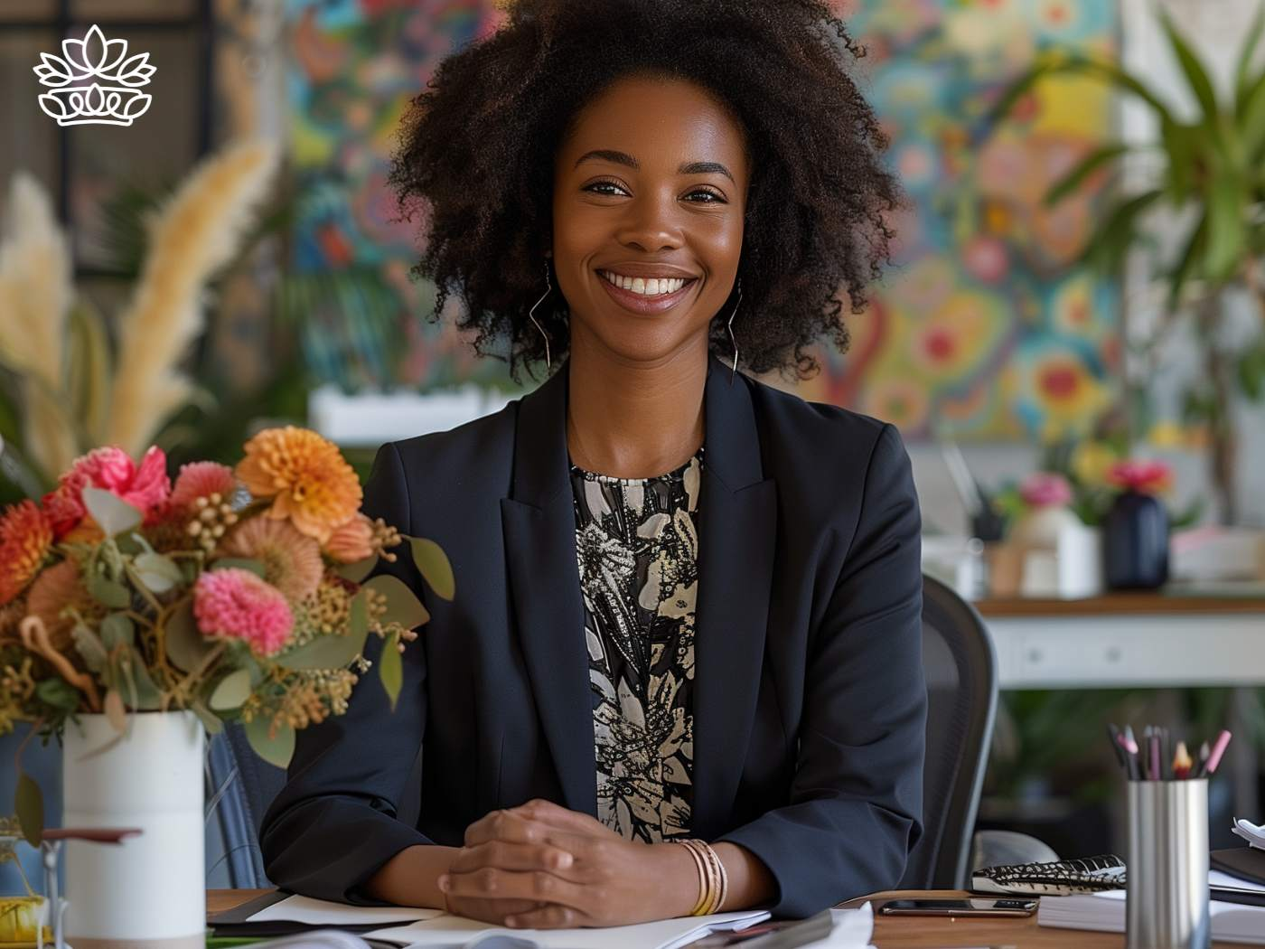 Confident CEO at desk with vibrant flowers that tolerate office environments, in various fine shapes, enhancing workspace aesthetic, from Fabulous Flowers and Gifts.