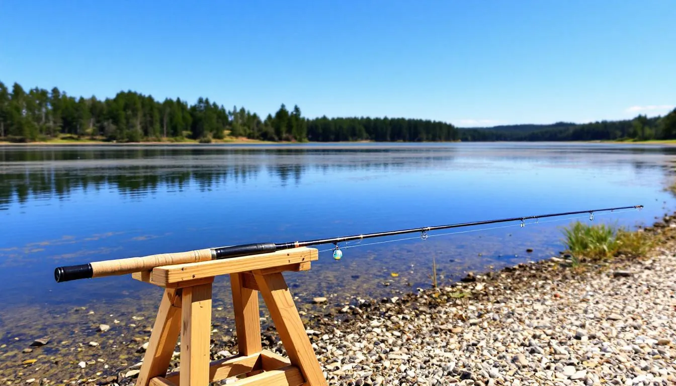 Na brzegu jeziora znajduje się wędka gruntowa z sygnalizatorem brań, przygotowana do łowienia ryb. W tle widać spokojną powierzchnię wody, co sprzyja efektywnemu połowowi różnych gatunków ryb.