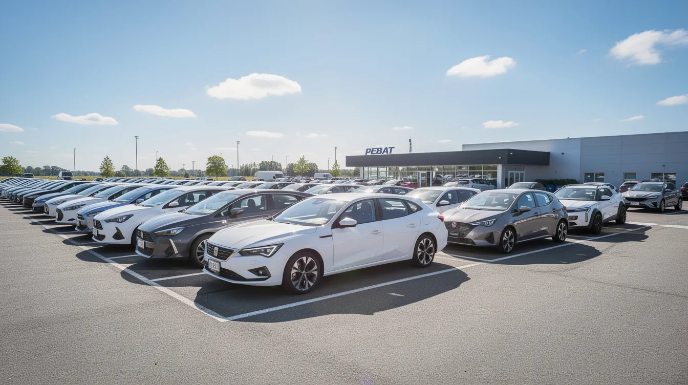 A fleet of rental vehicles lined up in an open-air parking lot.