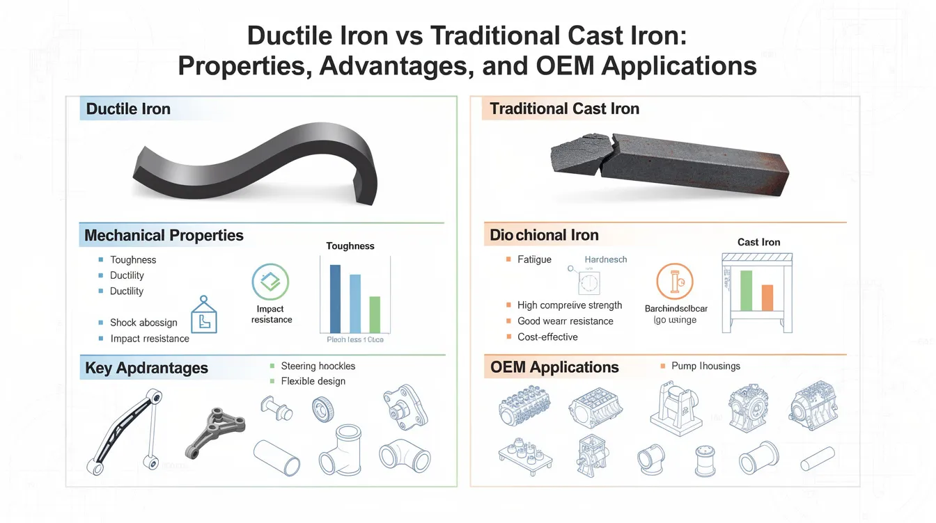 The image compares ductile iron and traditional cast iron, highlighting their unique properties and advantages. It showcases the distinct microstructures of ductile cast iron, characterized by rounded nodules, and traditional cast iron, which features graphite flakes, emphasizing the superior mechanical properties and impact resistance of ductile iron in various industrial applications.