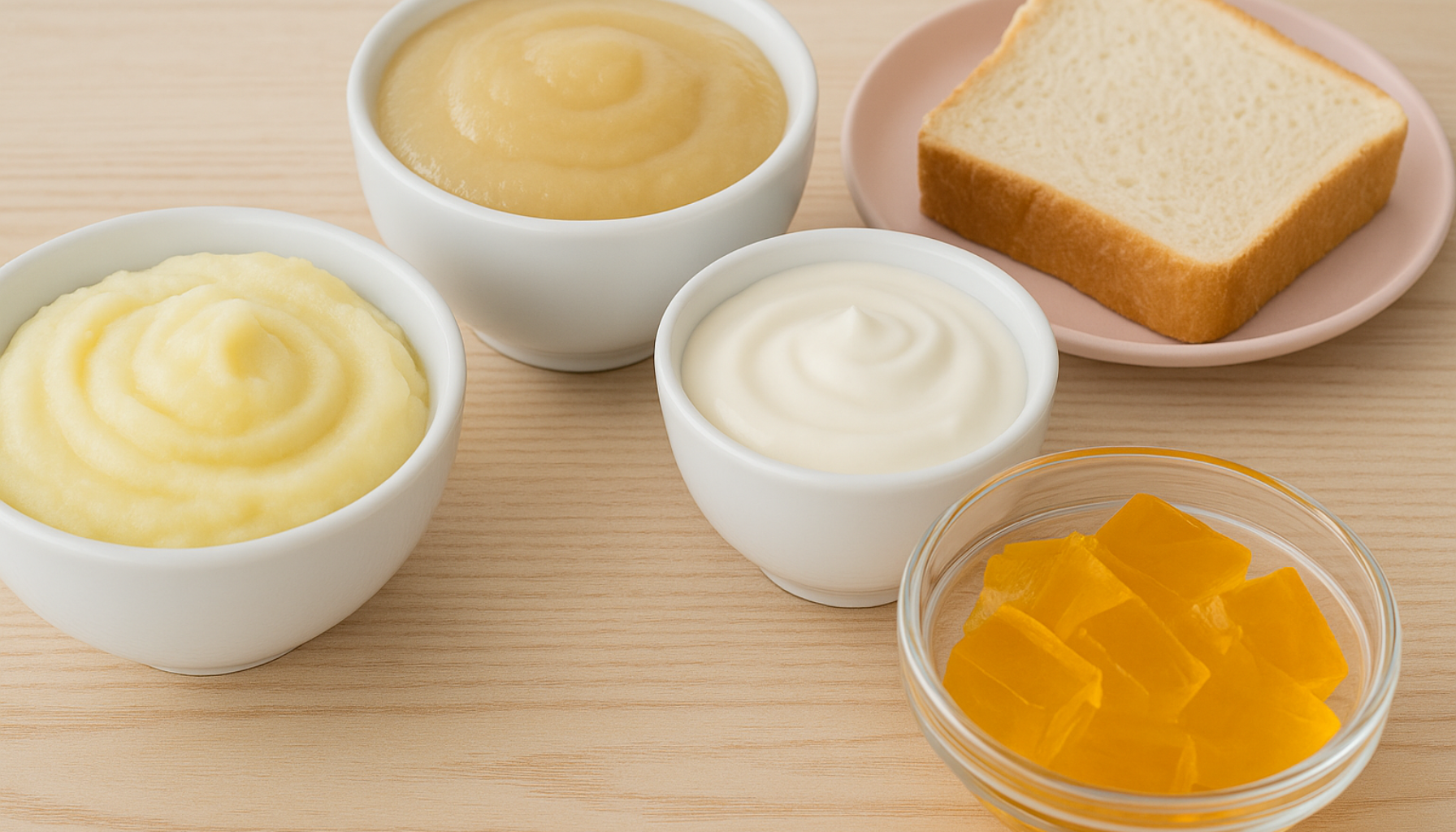 Myk mat etter tanntrekking: Hva kan du spise uten smerte 10 Ulike myke matvarer som potetmos, eplemos, yoghurt, gelé og loff plassert på lyst trebord.