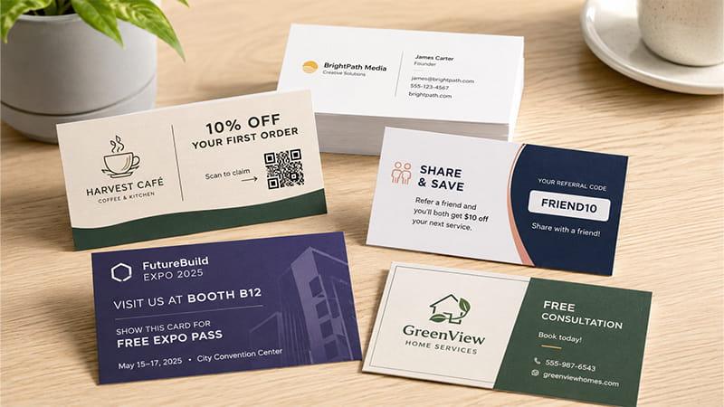 Promotional business cards with discount, referral, consultation, and event offers