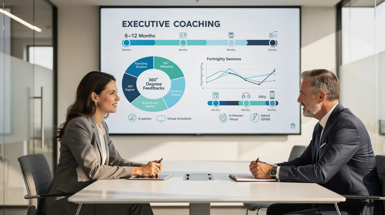 The image depicts a professional setting where an executive coach is engaged in a coaching session with a senior leader. The atmosphere is focused and supportive, emphasizing personal and professional growth through dialogue about leadership challenges and strategies for high performance.