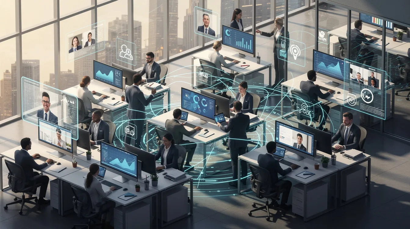 The image depicts a network of professionals collaborating across various departments, surrounded by interconnected digital workstations that utilize AI tools and systems. This environment showcases the integration of artificial intelligence capabilities, enhancing operational efficiency and facilitating effective communication among team members.