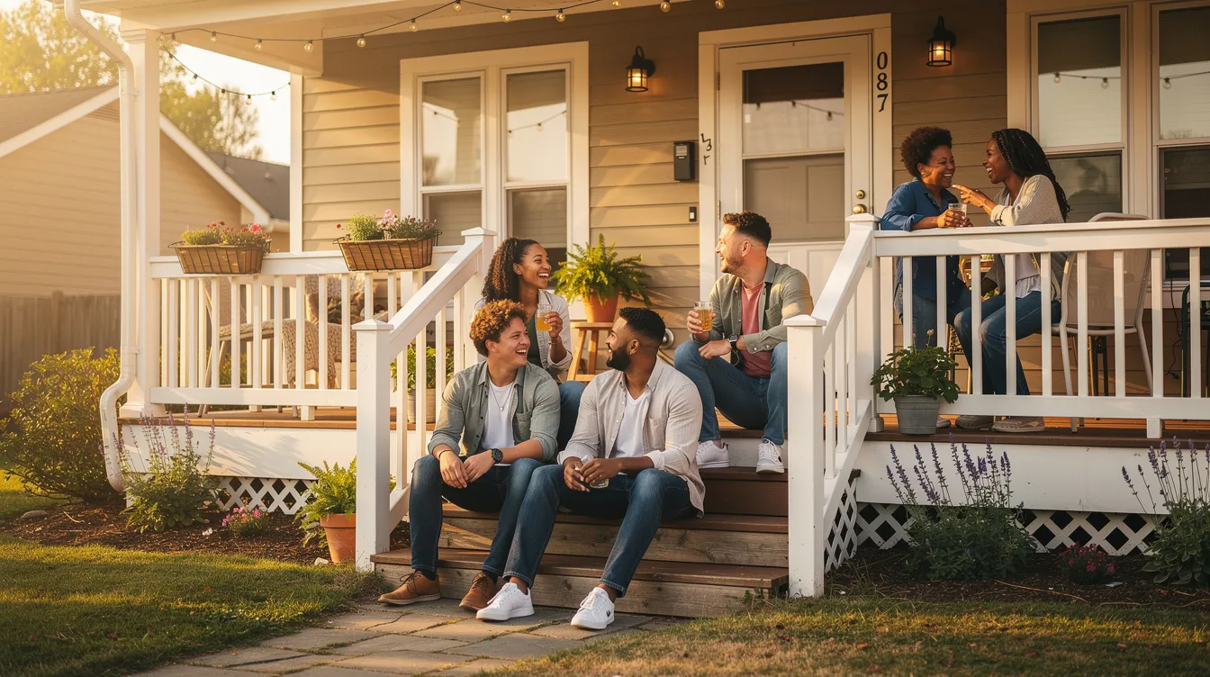 A group of friends is gathered on the front porch of a house, sharing laughs and deep conversations, creating a supportive environment that fosters healthy relationships and emotional healing. This moment highlights the importance of spending time with loved ones as part of the healing journey after a breakup.
