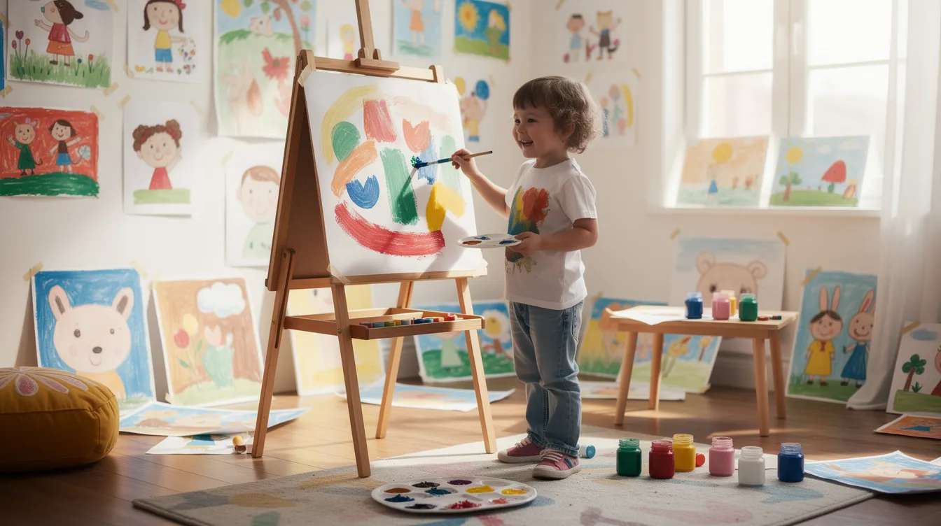 A child is joyfully painting at an easel in a bright and cheerful room, surrounded by colorful artwork that reflects their creativity and self-expression. This scene embodies the importance of supporting children's emotional development and building confidence as they face challenges in their academic and personal lives.