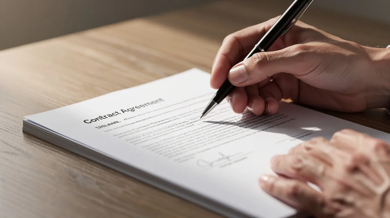 A close-up image depicts hands holding a pen poised over contract documents on a wooden desk, illustrating the process of contract negotiation and the importance of clear agreements in business operations. This scene emphasizes the role of a business contract lawyer in ensuring that all parties involved understand their contractual obligations and potential risks.