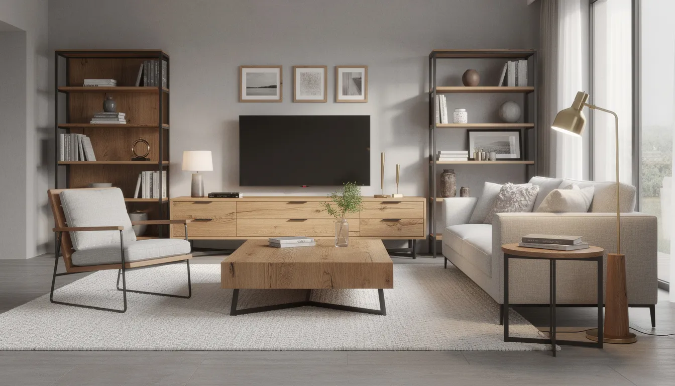 The image depicts a stylish living room featuring a harmonious blend of wood tones and metal finishes across various furniture pieces, showcasing thoughtful interior design choices. This example illustrates how clear communication and planning can help clients avoid costly mistakes while creating a functional and appealing space.