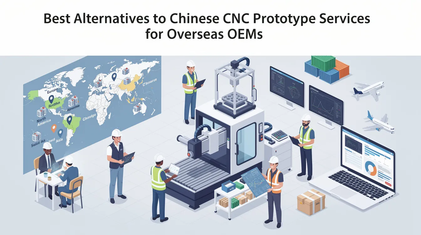 The image illustrates various alternatives to Chinese CNC prototype services for overseas OEMs, showcasing processes like CNC machining, CNC turning, and CNC milling. It emphasizes the benefits of precision CNC machining and rapid prototyping, highlighting features such as excellent corrosion resistance and tight tolerances in manufacturing parts.
