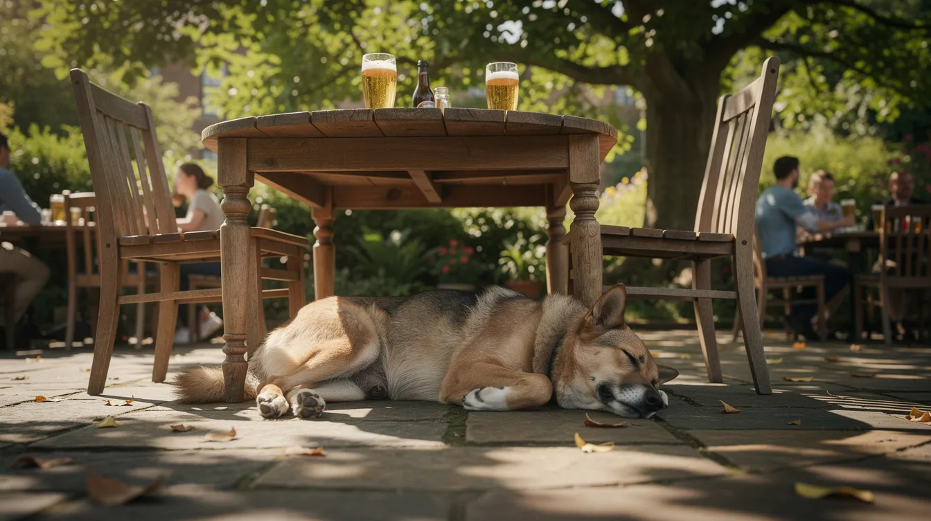 A happy dog is resting comfortably under a wooden table in a lush, green beer garden, surrounded by the lively atmosphere of a dog friendly pub in Islington. This cozy spot is perfect for enjoying delicious pub grub while relaxing with your four-legged friends and soaking in the warm ambiance.