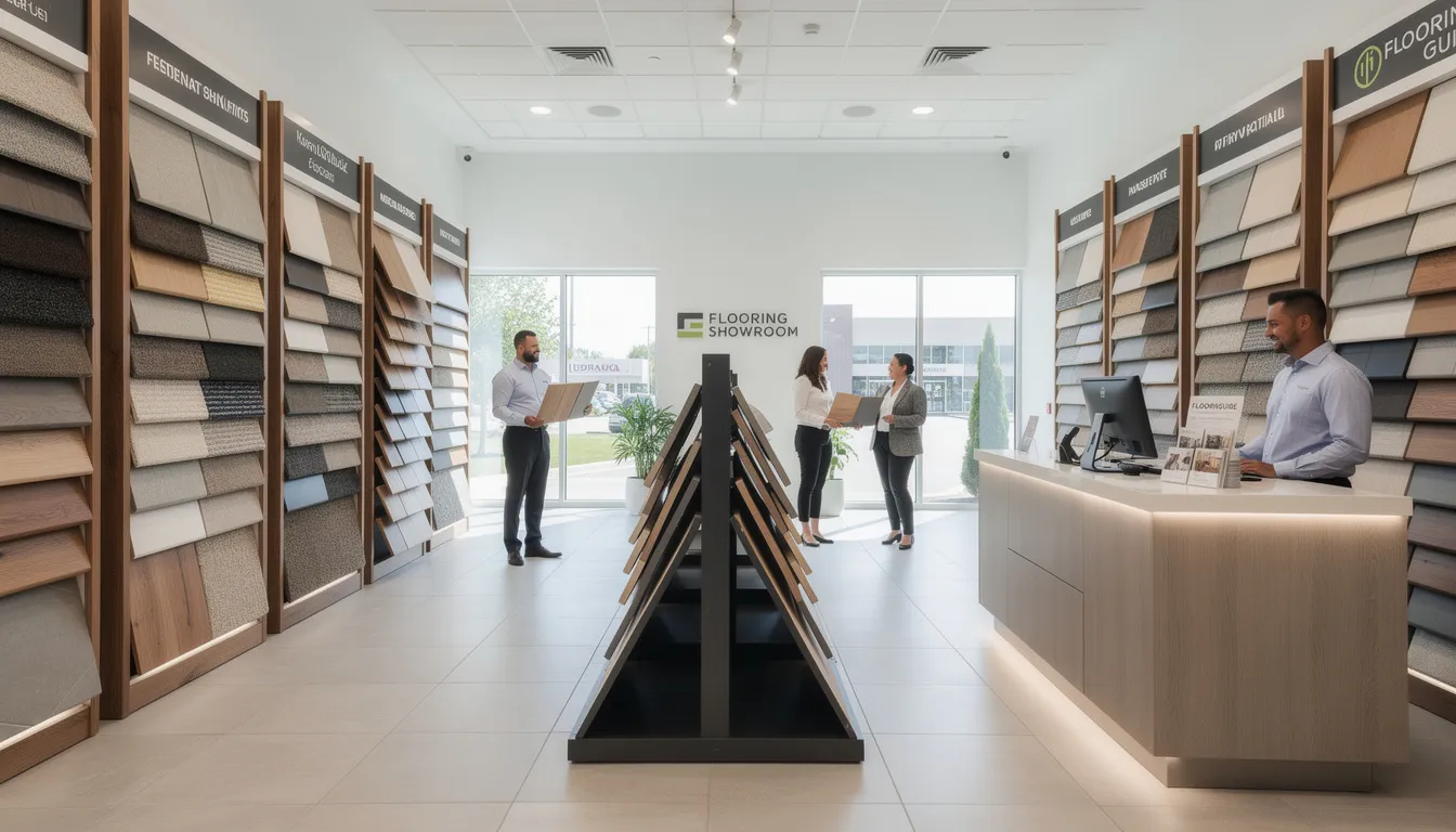 The image depicts a vibrant flooring showroom in Pittsburgh, showcasing various sample displays of hardwood flooring products. Friendly staff members assist customers as they browse through a wide selection of flooring options, helping homeowners choose the perfect style for their homes.
