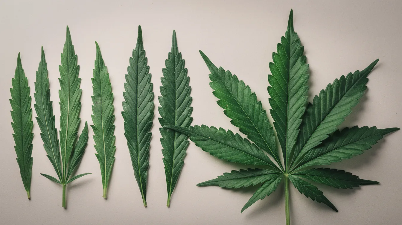Auf dem Bild sind verschiedene Cannabisblätter nebeneinander zu sehen, die sowohl schmale als auch breite Formen aufweisen. Diese Vielfalt repräsentiert die Unterschiede zwischen Indica und Sativa, zwei Hauptarten der Cannabispflanze, die unterschiedliche Wirkungen und Eigenschaften haben.