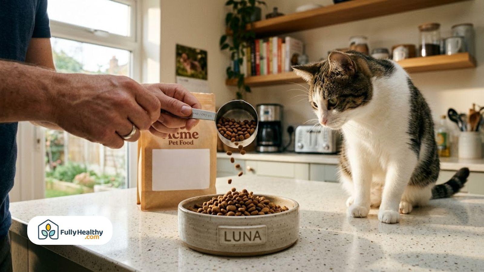 Cat watching as dry pet food is poured into a bowl during feeding time.