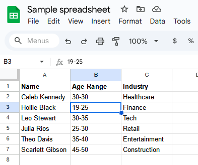 A screenshot of a Google Sheets spreadsheet after a column was deleted.